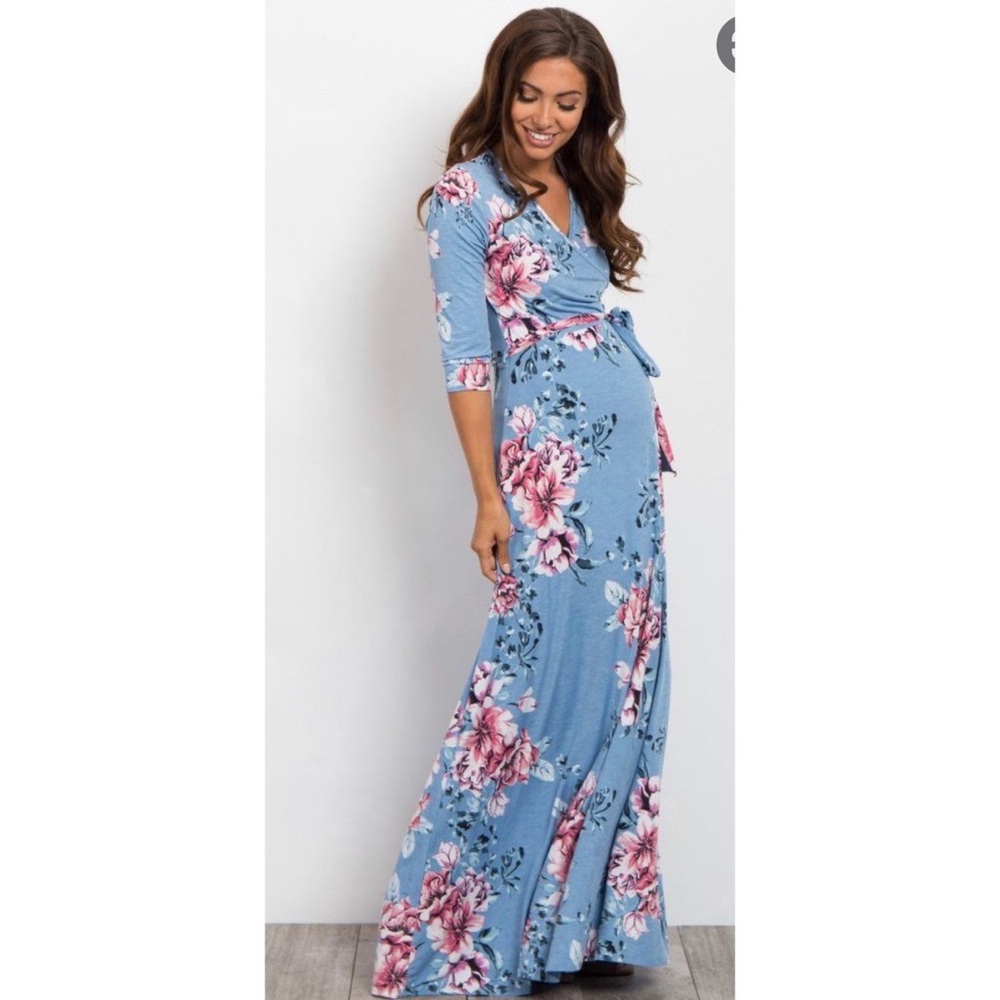 Pink Blush Maternity Blue Floral Wrap Maxi Dress